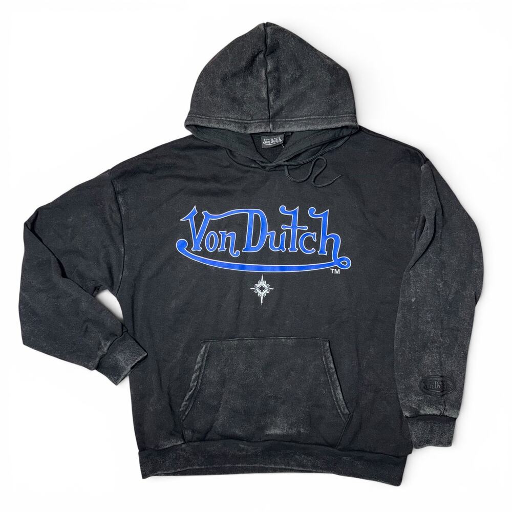 Von Dutch Hoodie Men’s L NWT Black Acid Wash Blue Logo Streetwear Pullover
